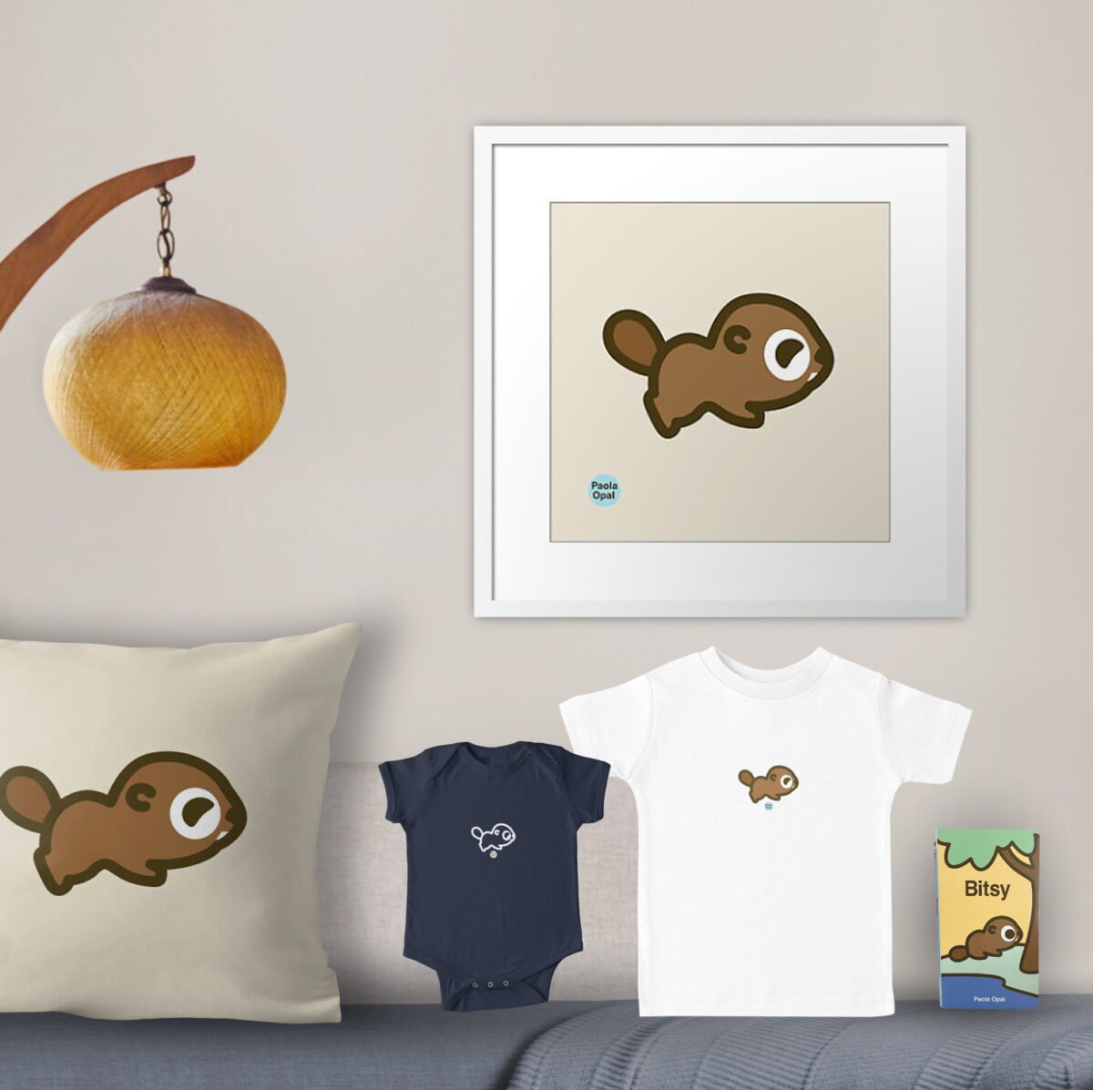 Bitsy the beaver framed art print, throw pillow, baby onesie, t-shirt, and board book