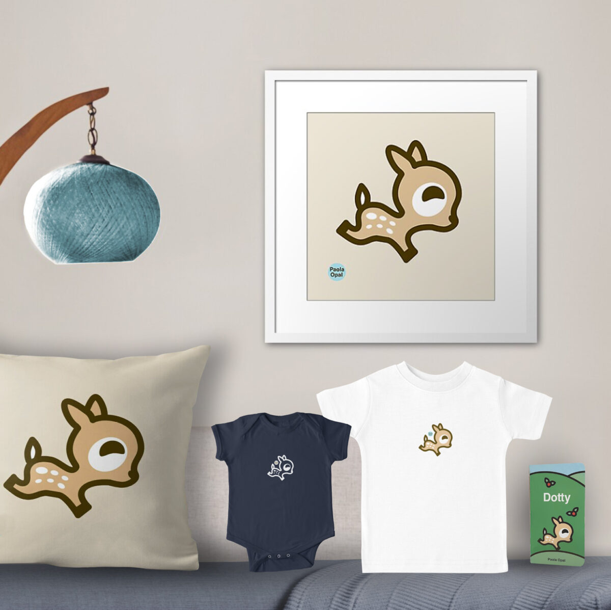 Dotty the deer framed art print, throw pillow, baby onesie, t-shirt, and board book
