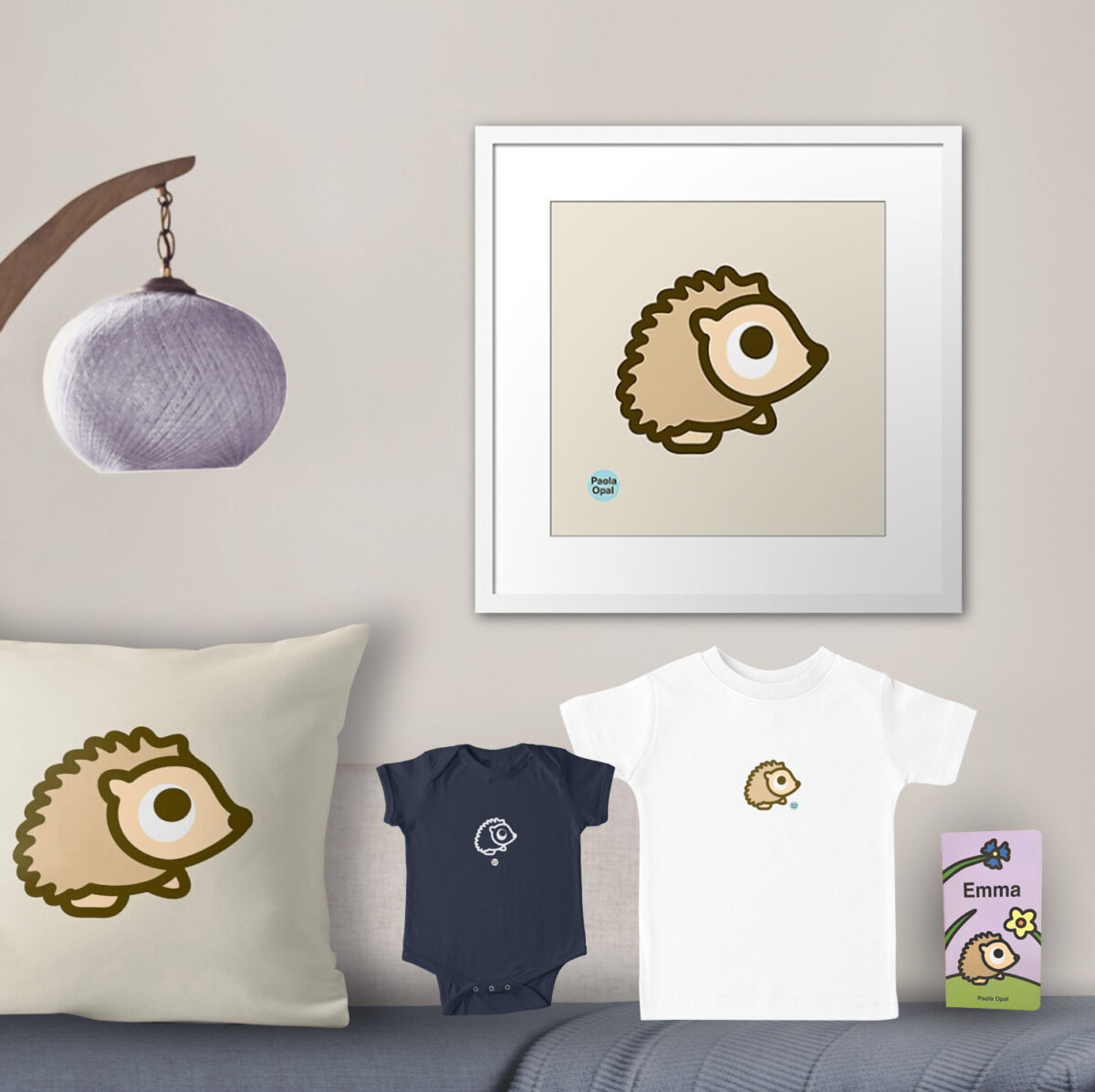 Emma the hedgehog framed art print, throw pillow, baby onesie, t-shirt, and board book