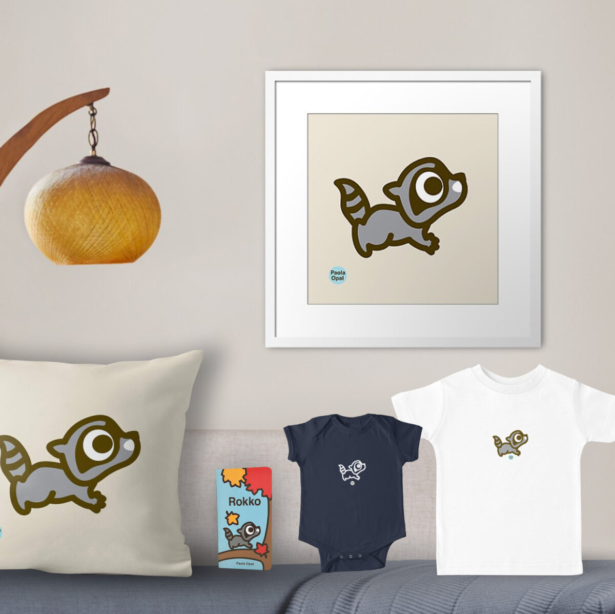 Rokko the raccoon framed art print, throw pillow, baby onesie, t-shirt, and board book