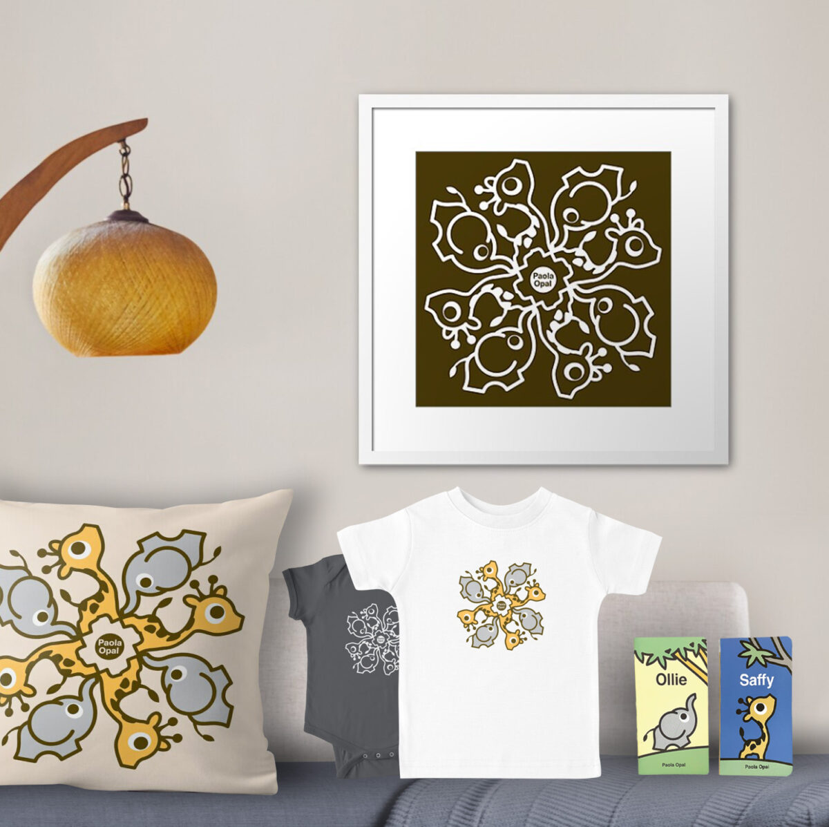 Art print, pillow, t-shirt, baby onesie and books featuring Saffy the giraffe and Ollie the elephant