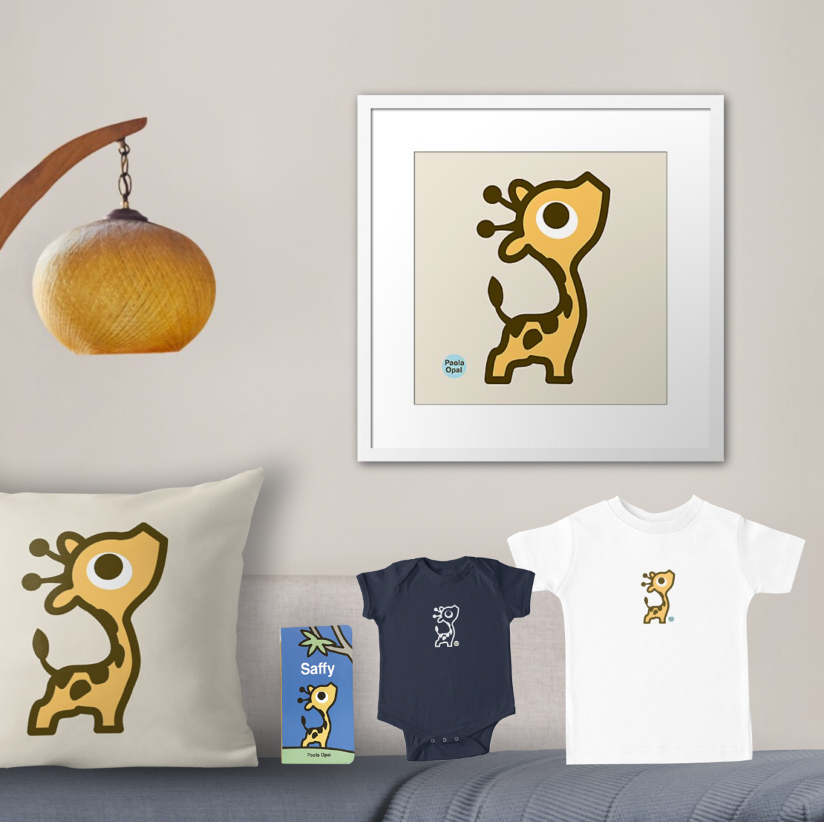 Saffy framed art print, pillow, book, baby onesie and t-shirt