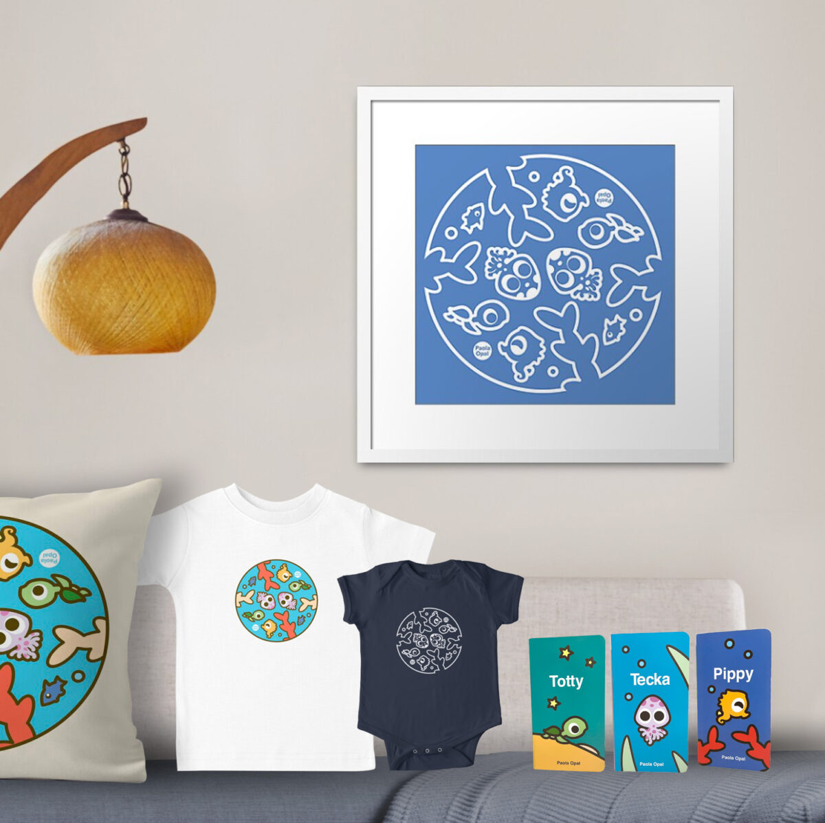 Art print, pillow, t-shirt, baby onesie and books featuring Pippy the seahorse, Tecka the octopus, and Totty the turtle