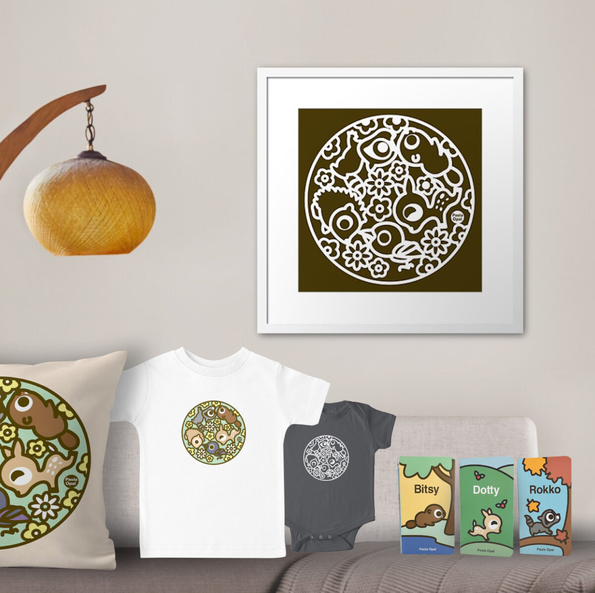 Art print, pillow, t-shirt, baby onesie and books featuring Bitsy the beaver, Rokko the raccoon, Dotty the dear, Kawwa the crow and Emma the hedgehog