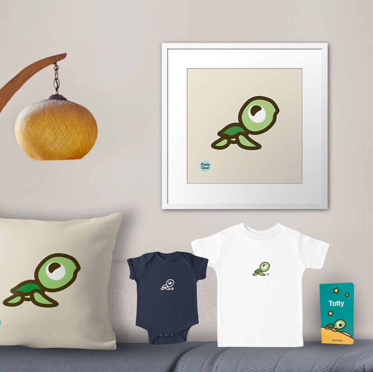 Totty the turtle framed art print, throw pillow, baby onesie, t-shirt, and board book